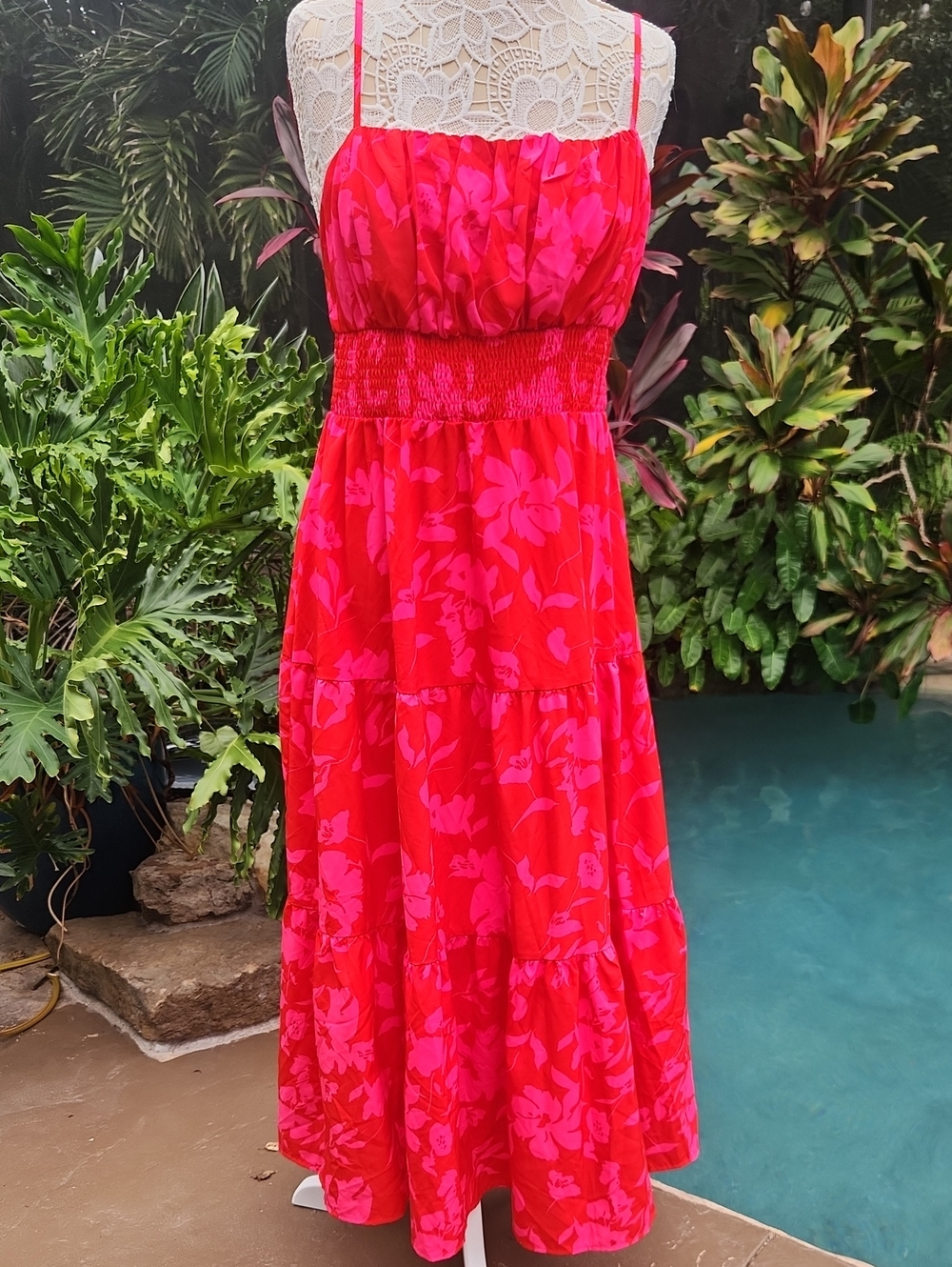 SHEIN Red and Hot Pink Floral Smocked Maxi Dress..size OXL.